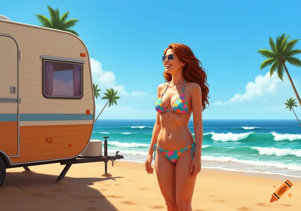 A smiling woman in sunglasses and a colorful bikini stands on a sunny beach next to a vintage caravan, with palm trees and ocean waves.