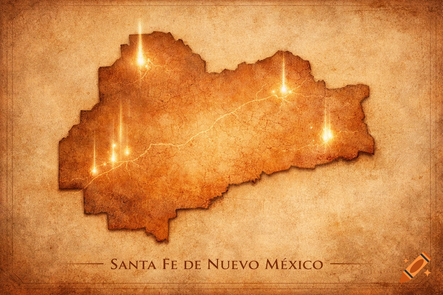 A vintage, textured map outline of Santa Fe de Nuevo M xico with glowing light points and cracks, on an old parchment background.