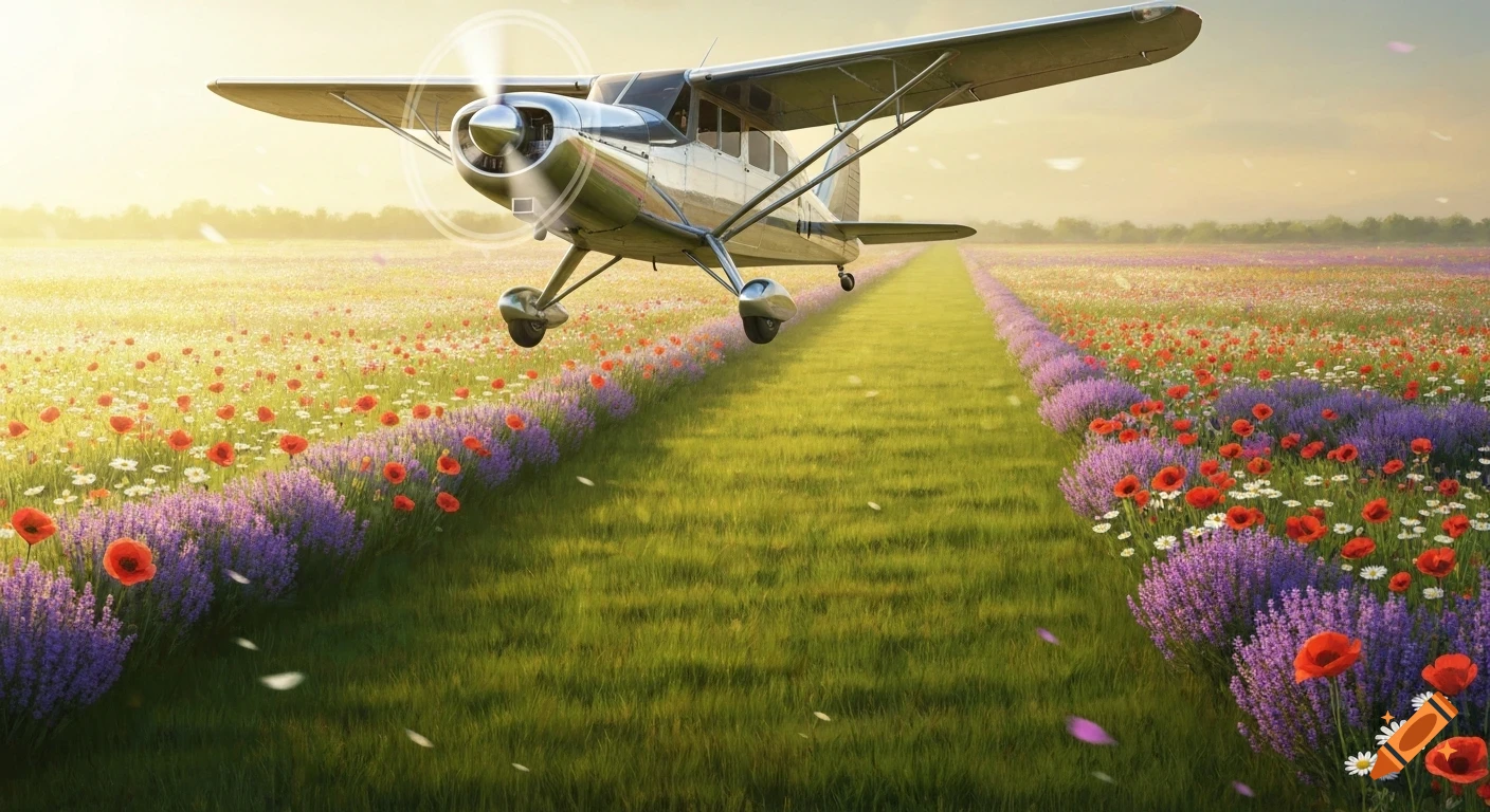 A photorealistic single-engine aircraft lands on a grassy runway flanked by rows of purple and red flowers under a bright sky.