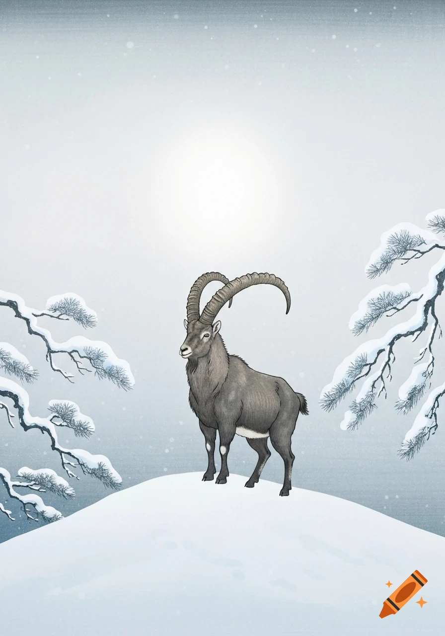 A Japanese style illustration of an ibex standing on a snowy hill, with snow-covered pine branches on either side.
