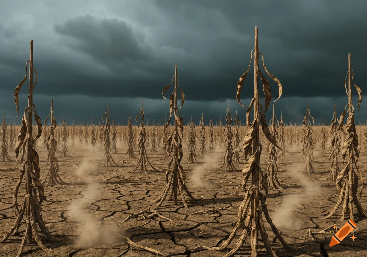 A desolate field of dead, dried corn stalks stands on cracked, parched earth under a dark, stormy sky. Dust swirls around the stalks.
