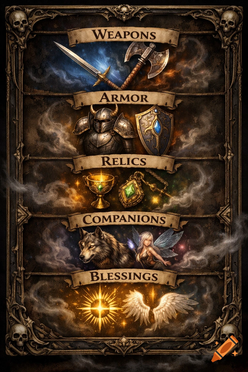 A dark fantasy-themed card with sections labeled Weapons, Armor, Relics, Companions, and Blessings, each with illustrations.