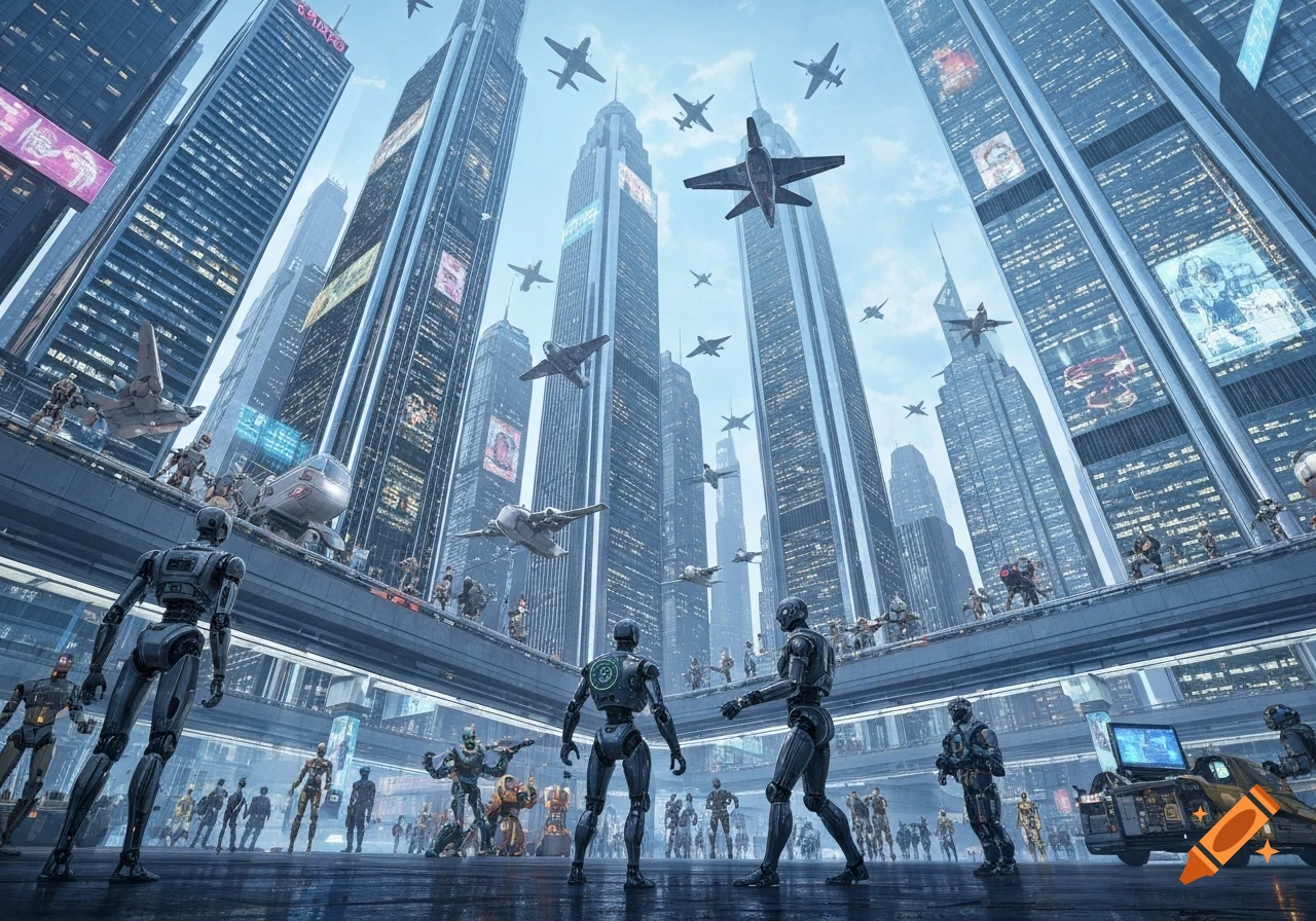 Wide-angle view of a futuristic city with towering skyscrapers, airplanes flying, and many robots on platforms and streets. Photorealistic.