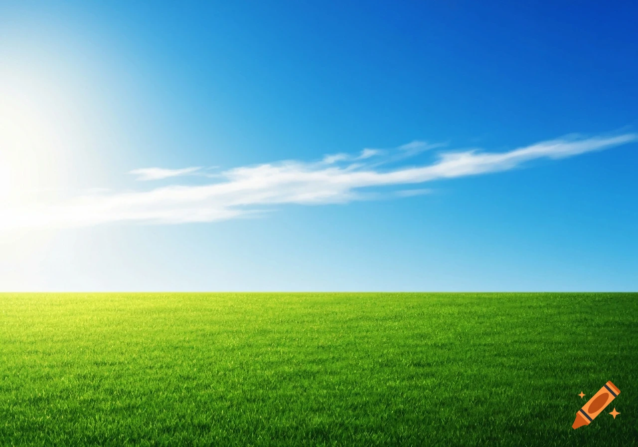 A vibrant green field under a bright blue sky with a glowing sun and wispy white clouds.