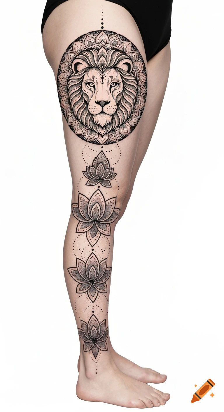 A detailed dotwork and mandala style tattoo featuring a lion head on the thigh and lotus flowers down the leg.