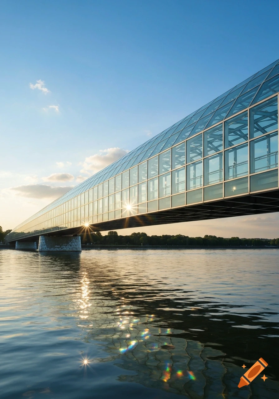 A long, modern glass bridge stretches over calm water under a sunset sky, with sun reflections on its surface and colorful glints on the water.