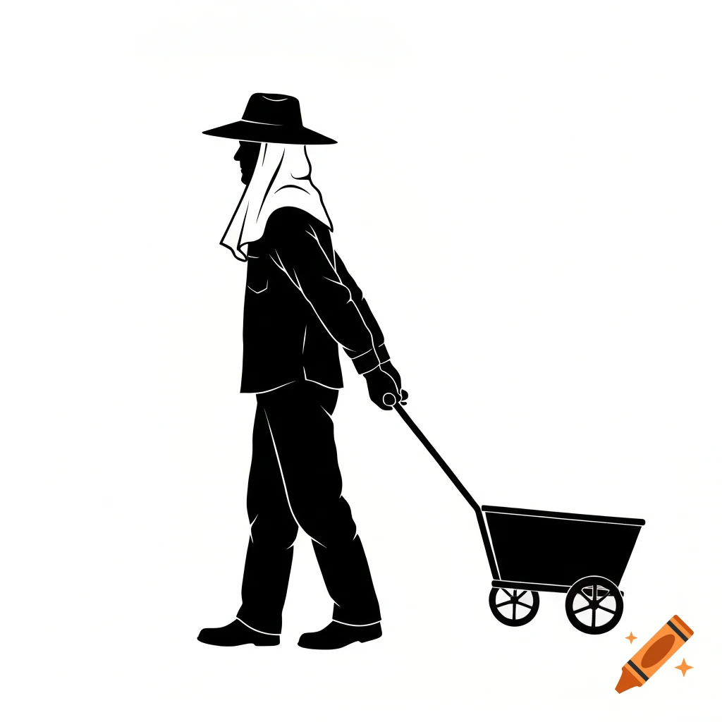 Silhouette of a person wearing a wide-brimmed hat and draped cloth, pulling a garden cart on a white background.