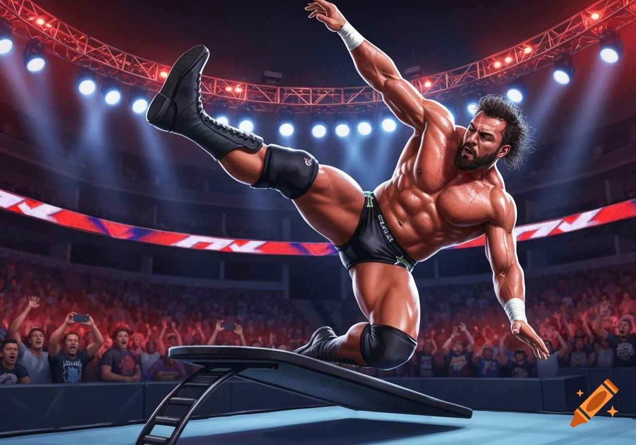 A muscular male wrestler in black trunks and boots performs a springboard kick in a brightly lit arena during a match.