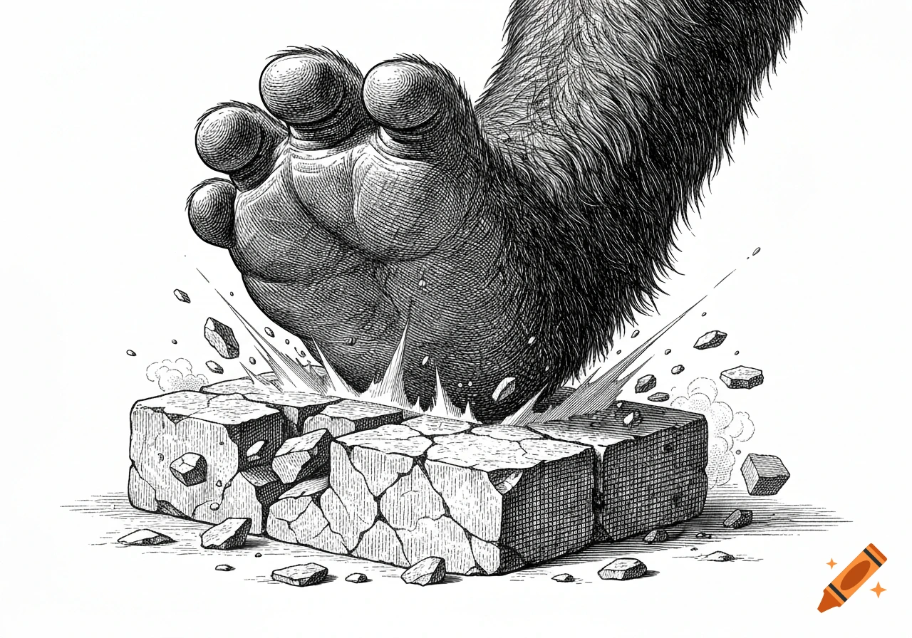 A detailed engraving illustration of a powerful gorilla foot smashing several bricks, causing debris and cracks.