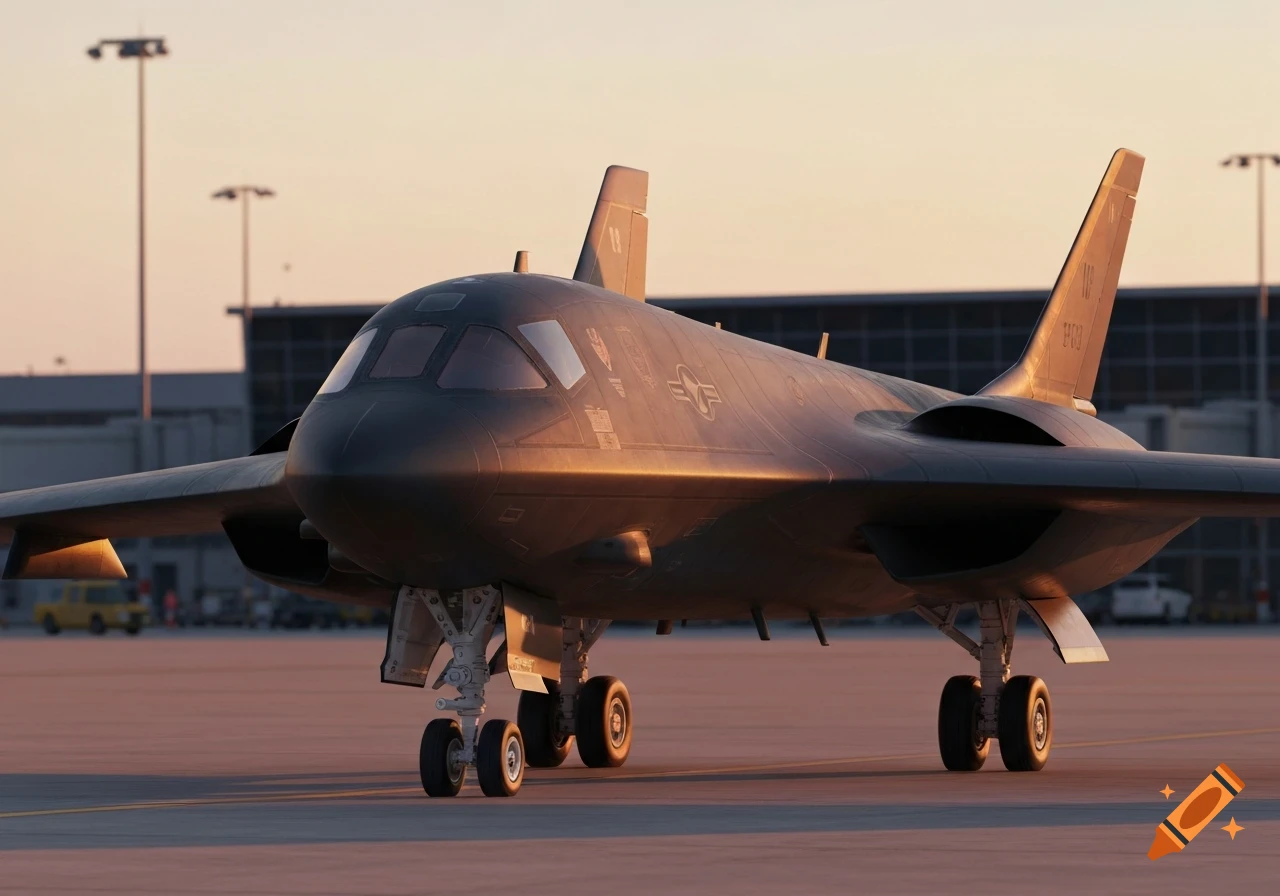 Photorealistic image of a dark stealth bomber aircraft on an airport tarmac at golden hour, with warm reflections on its surface.