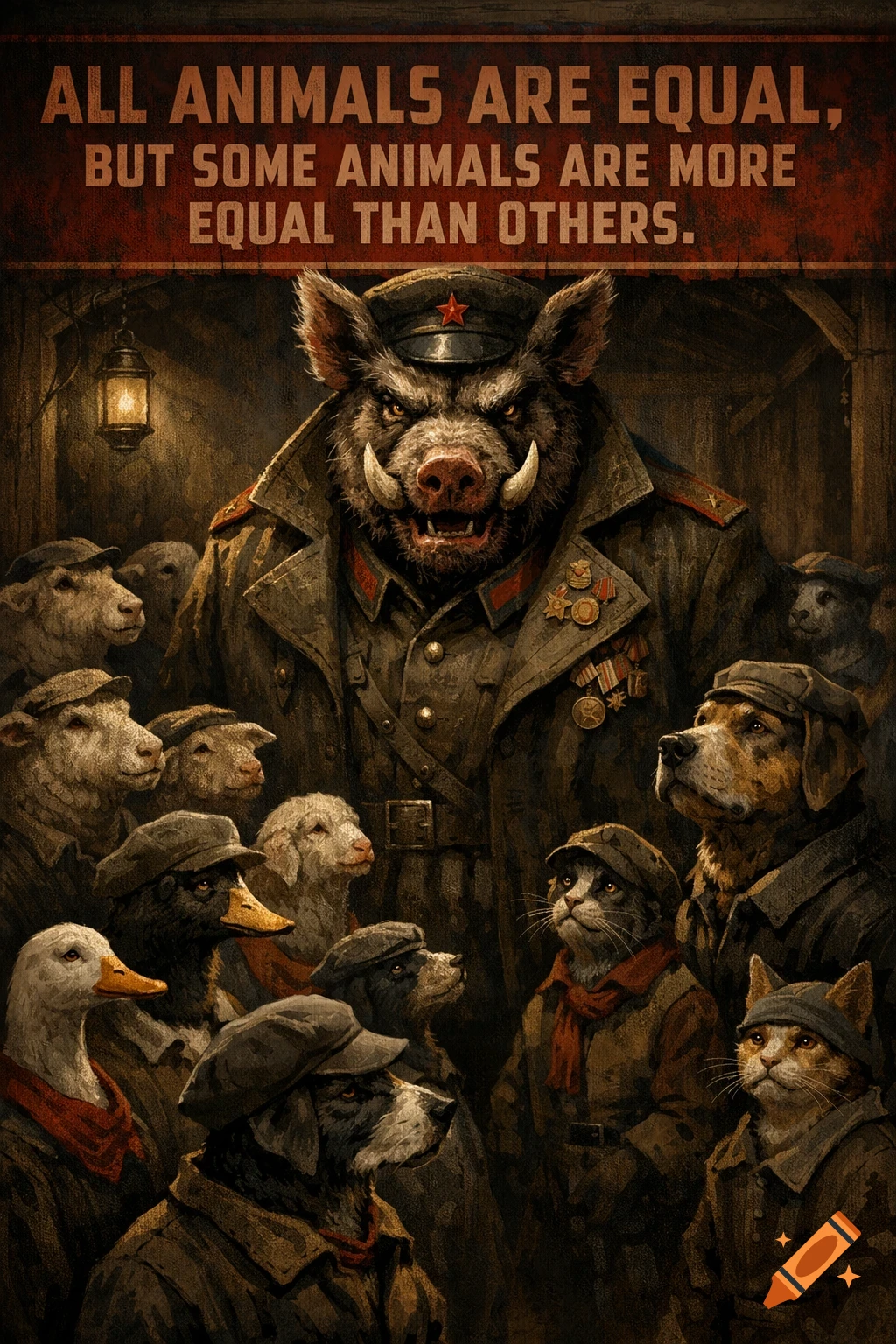 A dark, painterly image of an angry boar general in a communist-era uniform overseeing various farm animals in worker outfits, with a sign reading "All animals are equal, but some animals are more equal than others."