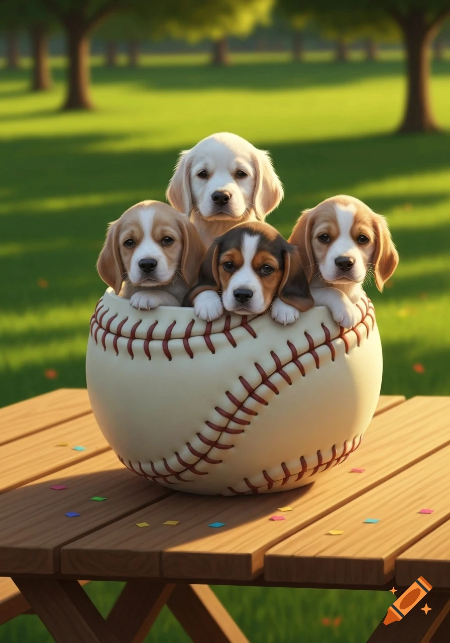 Four cute puppies sit inside a large baseball on a wooden picnic table in a sunny park.