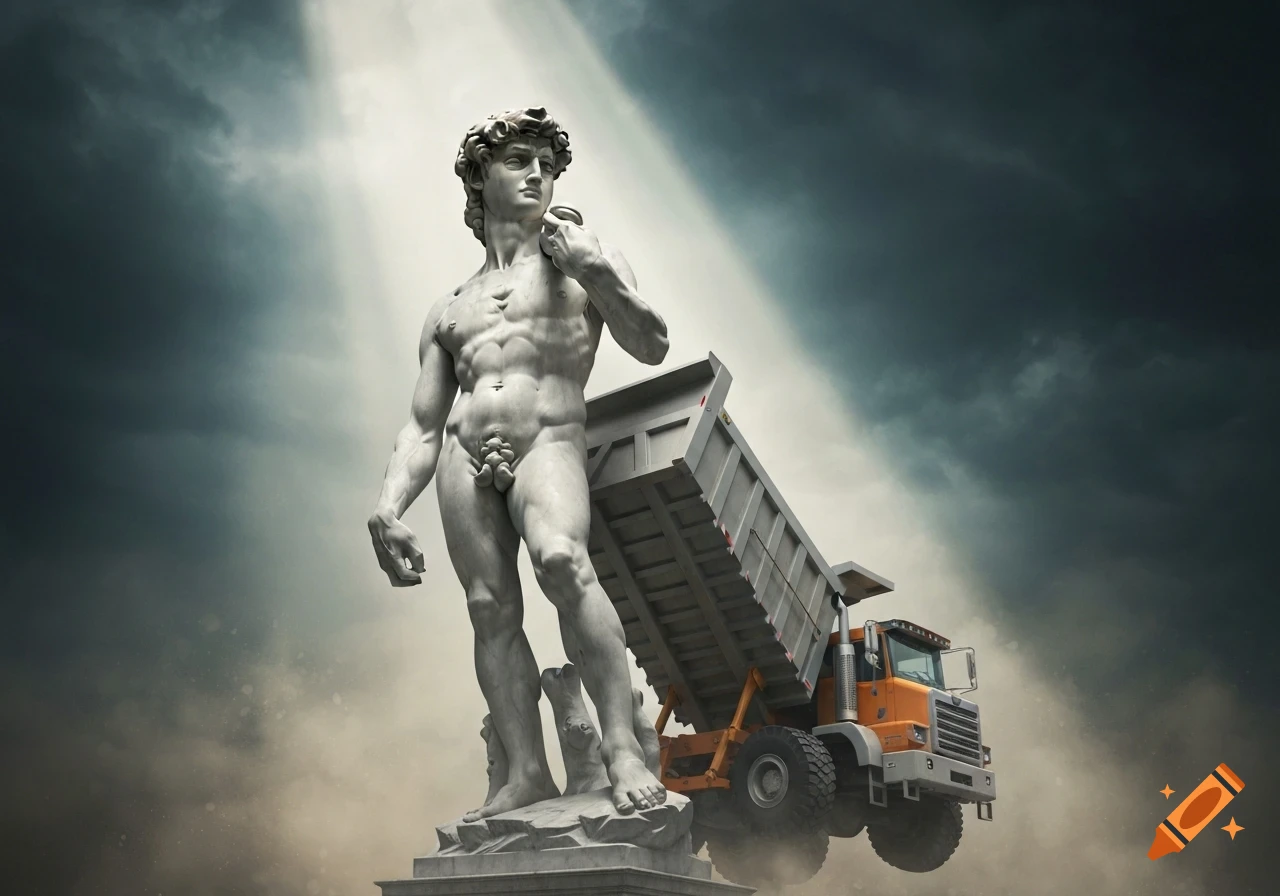 A massive marble statue of Michelangelo's David stands under a dramatic cloudy sky, with a large orange dump truck raising its bed behind him.