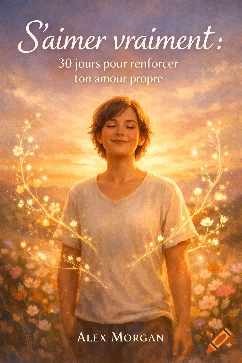 A serene woman with short brown hair, eyes closed and smiling, stands in a field of glowing flowers at sunset. The text reads "S'aimer vraiment: 30 jours pour renforcer ton amour propre" and "ALEX MORGAN" on a book cover.