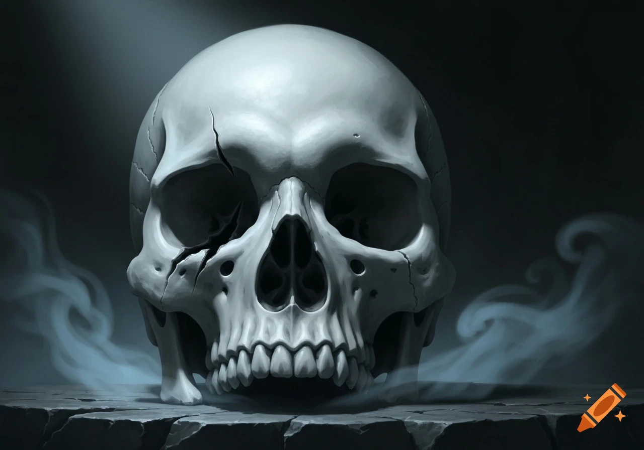 A detailed, cracked human skull sits on a stone slab, with wisps of smoke and dramatic lighting against a dark background.