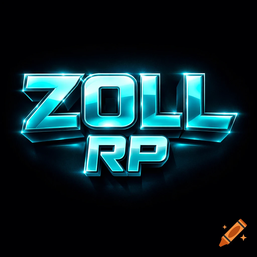 3D turquoise futuristic neon letters spell "ZOLL RP" with glowing edges on a dark background, in a cinematic lighting style.