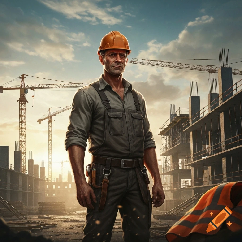A rugged construction worker in a hardhat and overalls stands on a construction site with cranes and unfinished buildings under a cloudy sky.