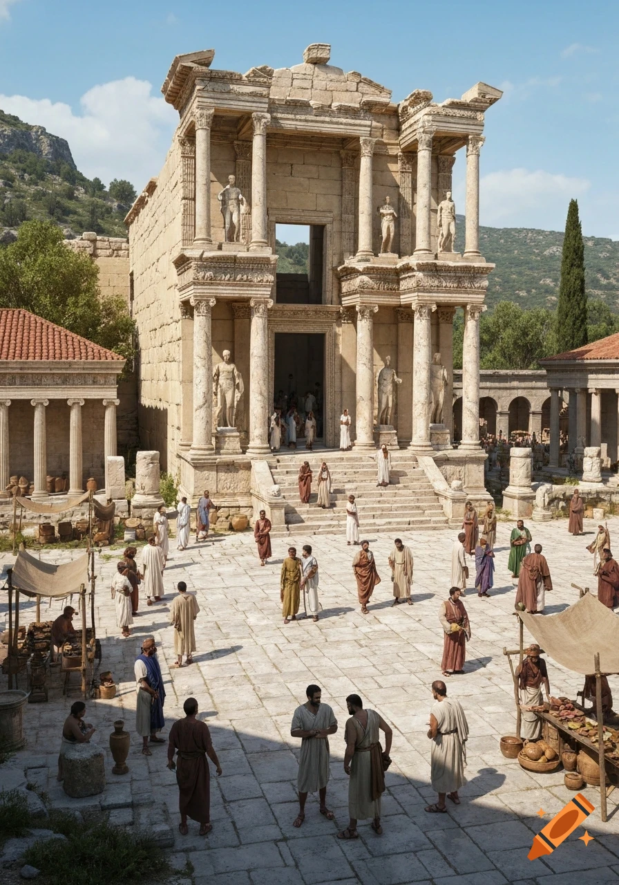 A bustling photorealistic scene of an ancient Roman temple with a plaza full of merchants and people in historical attire.