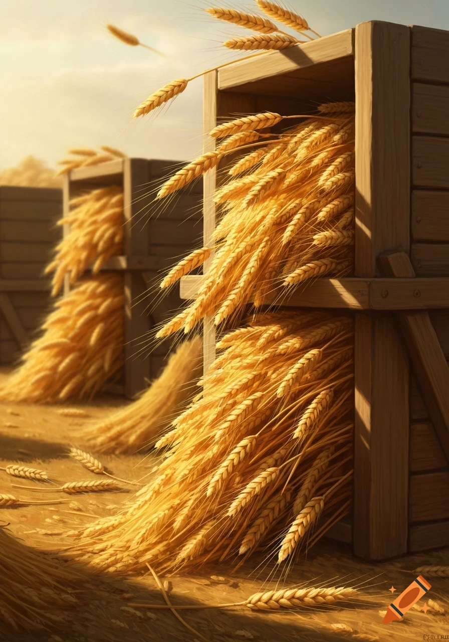 Golden wheat overflowing from wooden crates in a sunlit field, with more crates in the background.