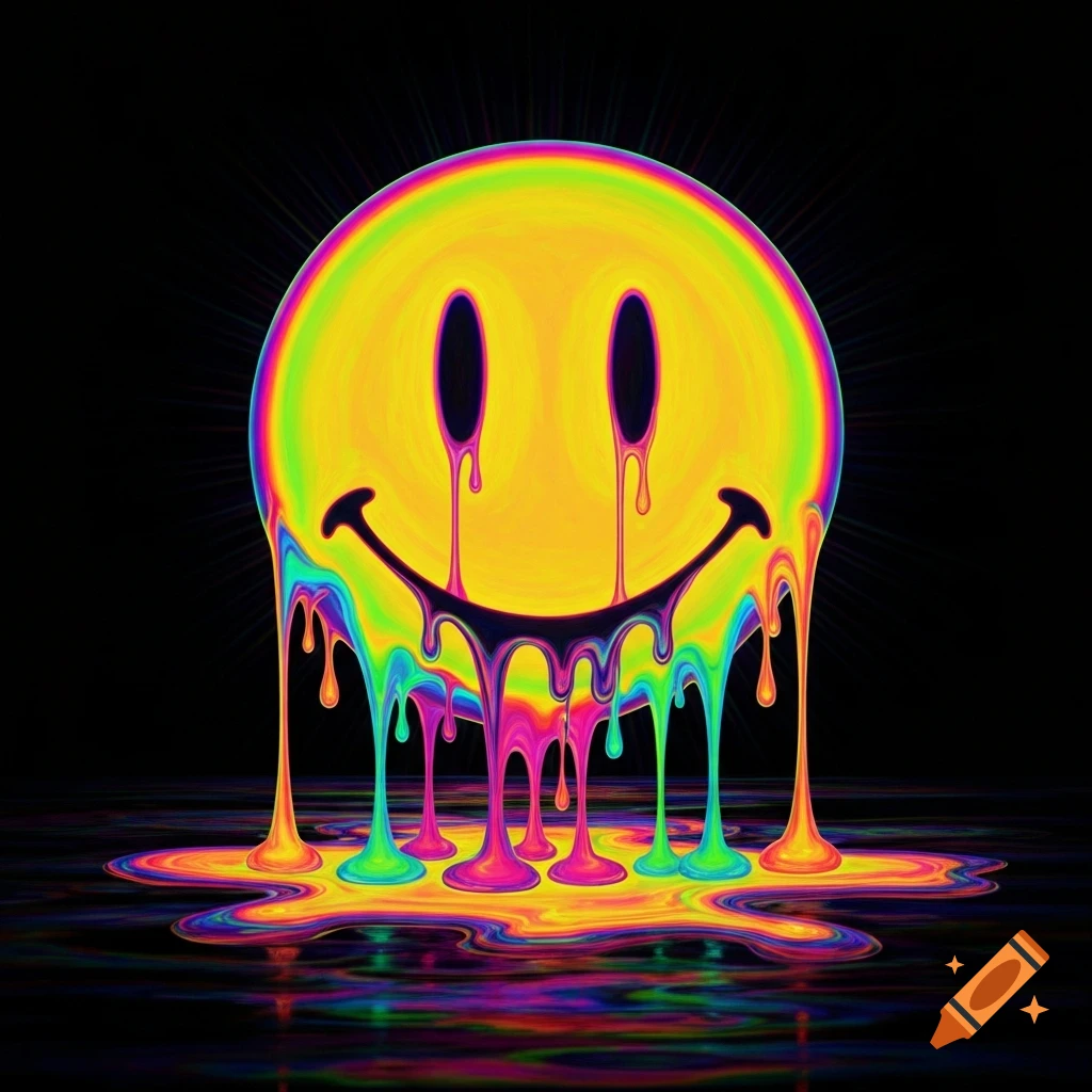A melting, vibrant rainbow smiley face drips onto a reflective black surface, emanating psychedelic rays.