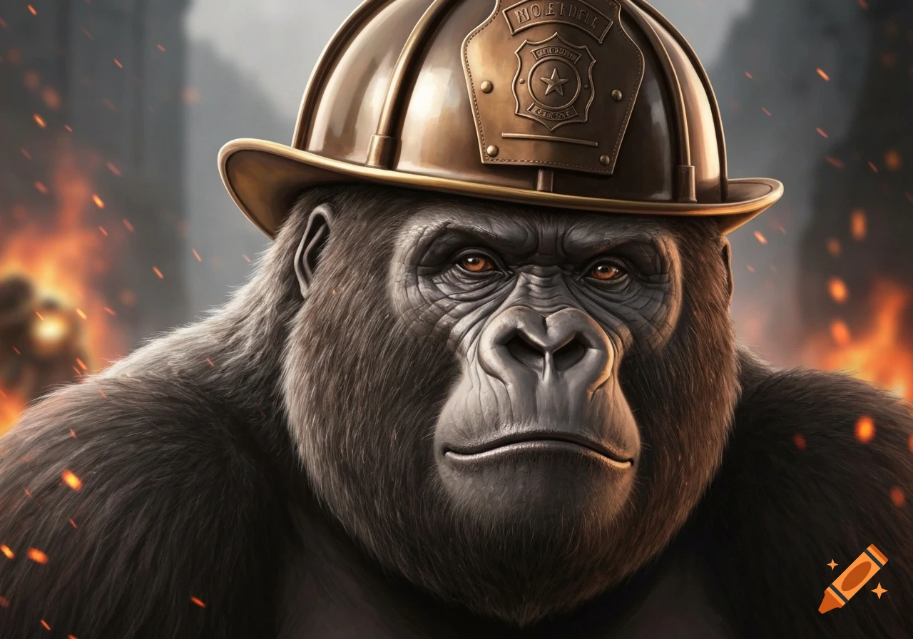 Photorealistic close-up of a gorilla wearing a bronze firefighter helmet, with a fiery background.