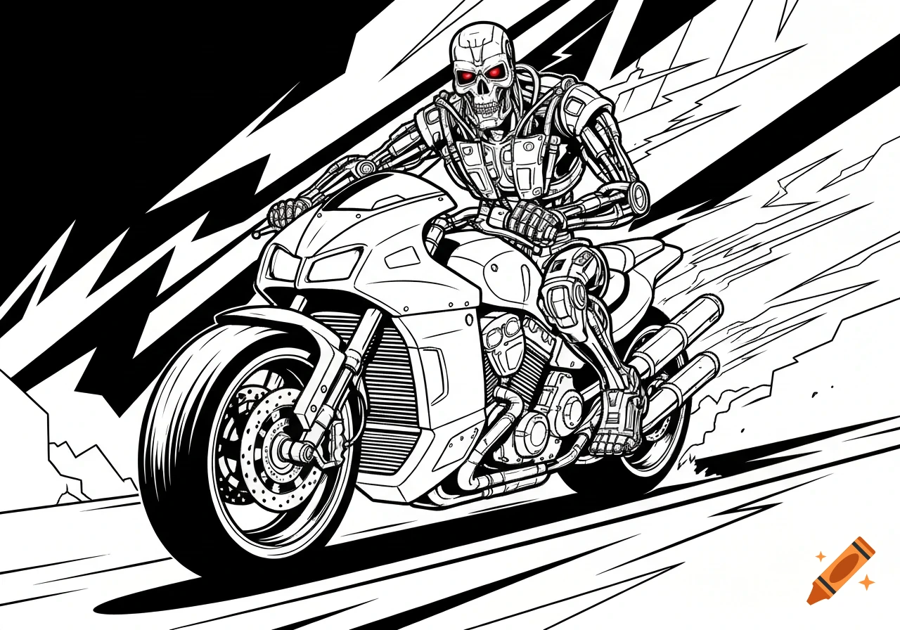 Black and white line art drawing of a skeletal robot with red eyes riding a fast motorcycle, with motion lines in the background.