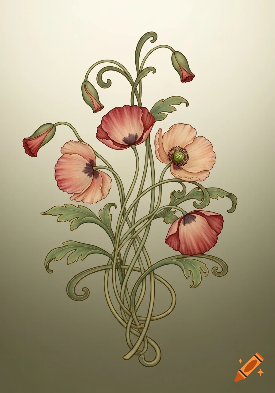 Stylized Art Nouveau illustration of poppies with curling stems and leaves against a gradient background.