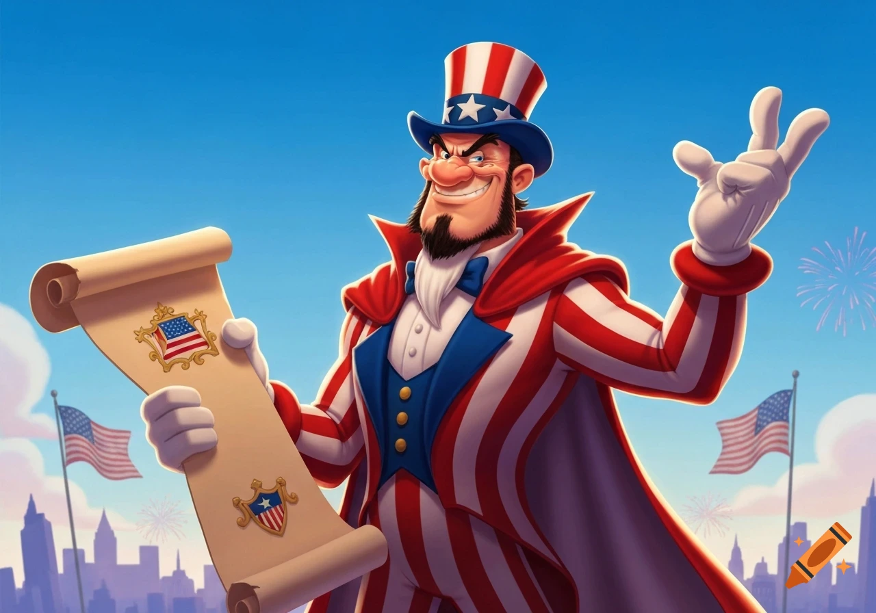 A cartoon Uncle Sam, grinning widely, holds a scroll and waves, with American flags and fireworks above a city skyline under a clear blue sky.