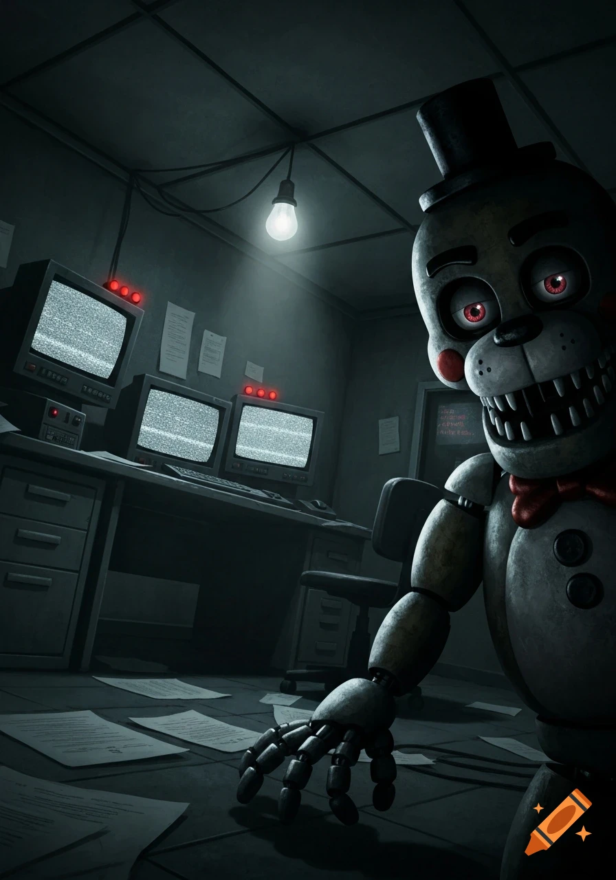 A creepy animatronic with red eyes and sharp teeth peers into a dark security office with static-filled monitors.