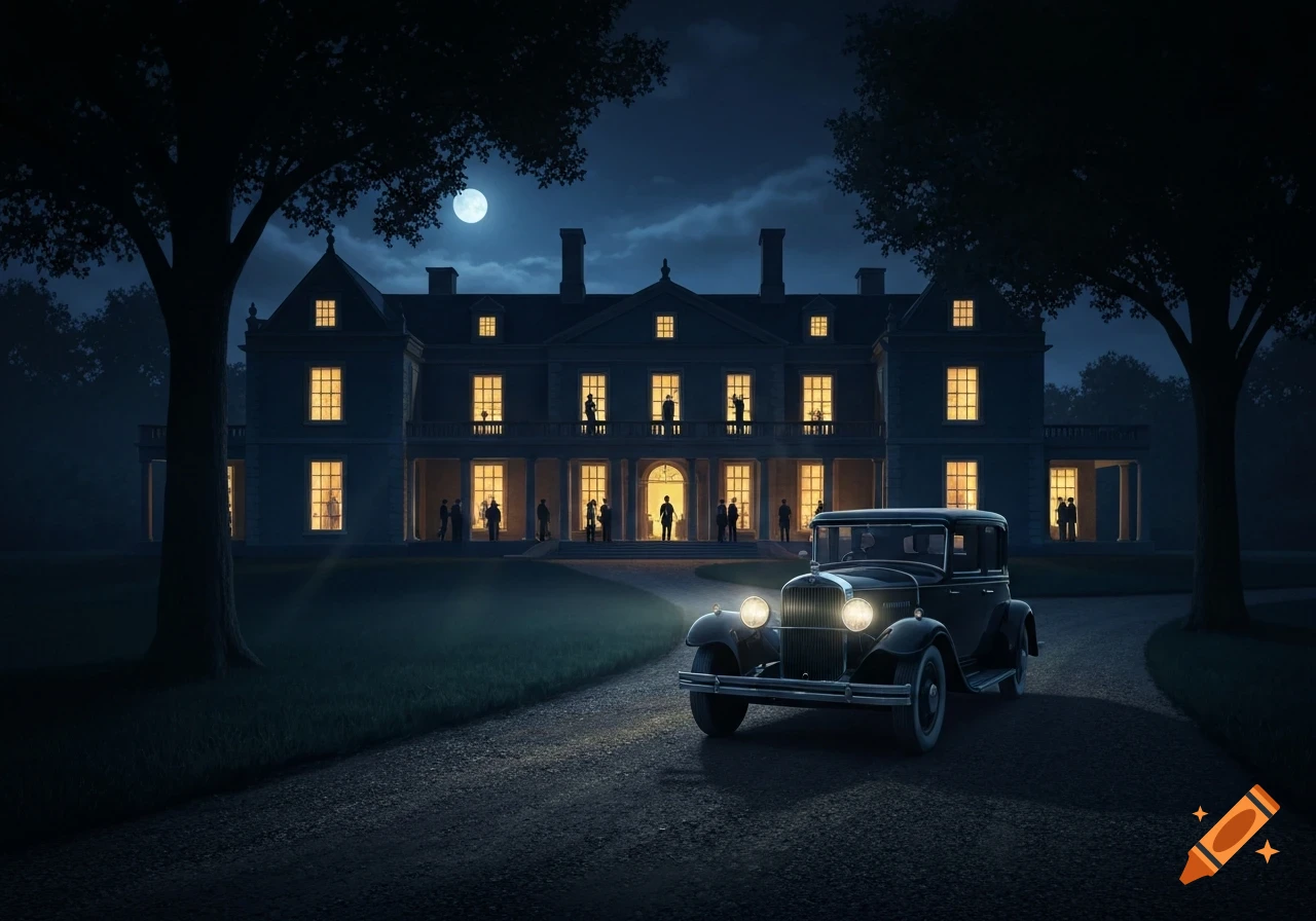 A vintage 1920s car with bright headlights sits on a driveway leading to a grand country manor, illuminated by a full moon at night. Guests are silhouetted in the manor's warmly lit windows.