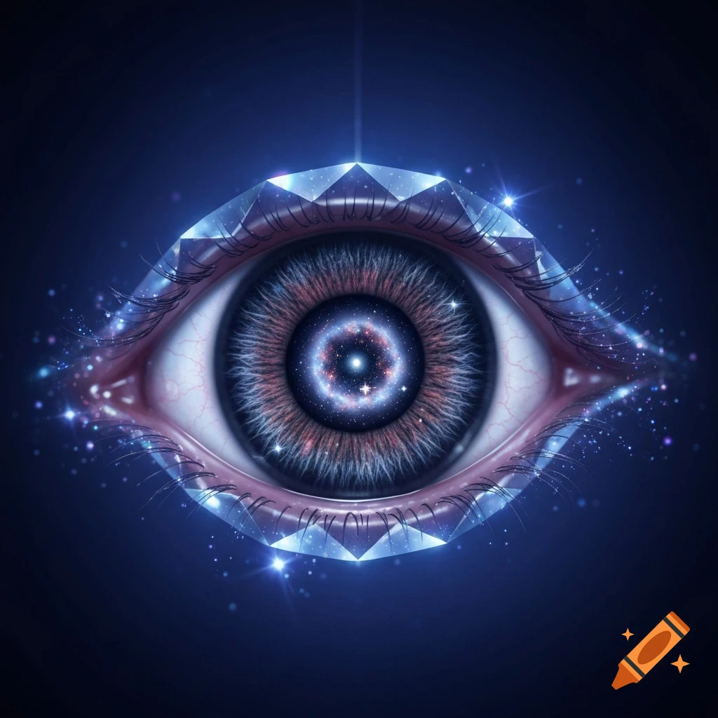 A highly stylized human eye with a galaxy in its pupil, surrounded by glowing diamond facets and sparkles on a dark blue background.