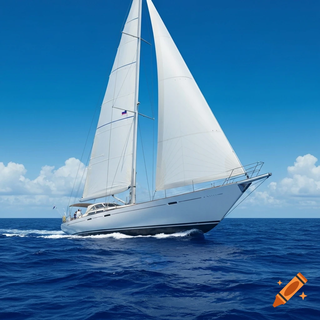 A white sailboat with large sails glides across a deep blue ocean under a clear blue sky with scattered clouds.