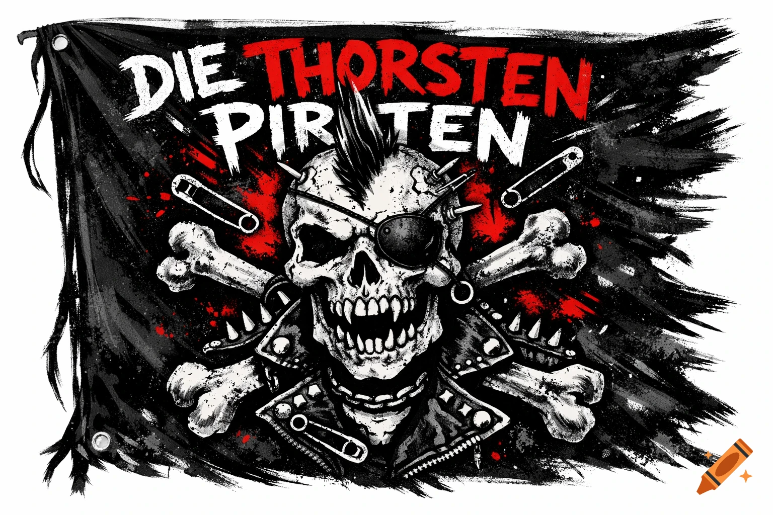 A black punk pirate flag with a stylized skull, eye patch, mohawk, and crossed bones, with 'DIE THORSTEN PIRATEN' text, in a grunge, high-contrast style.