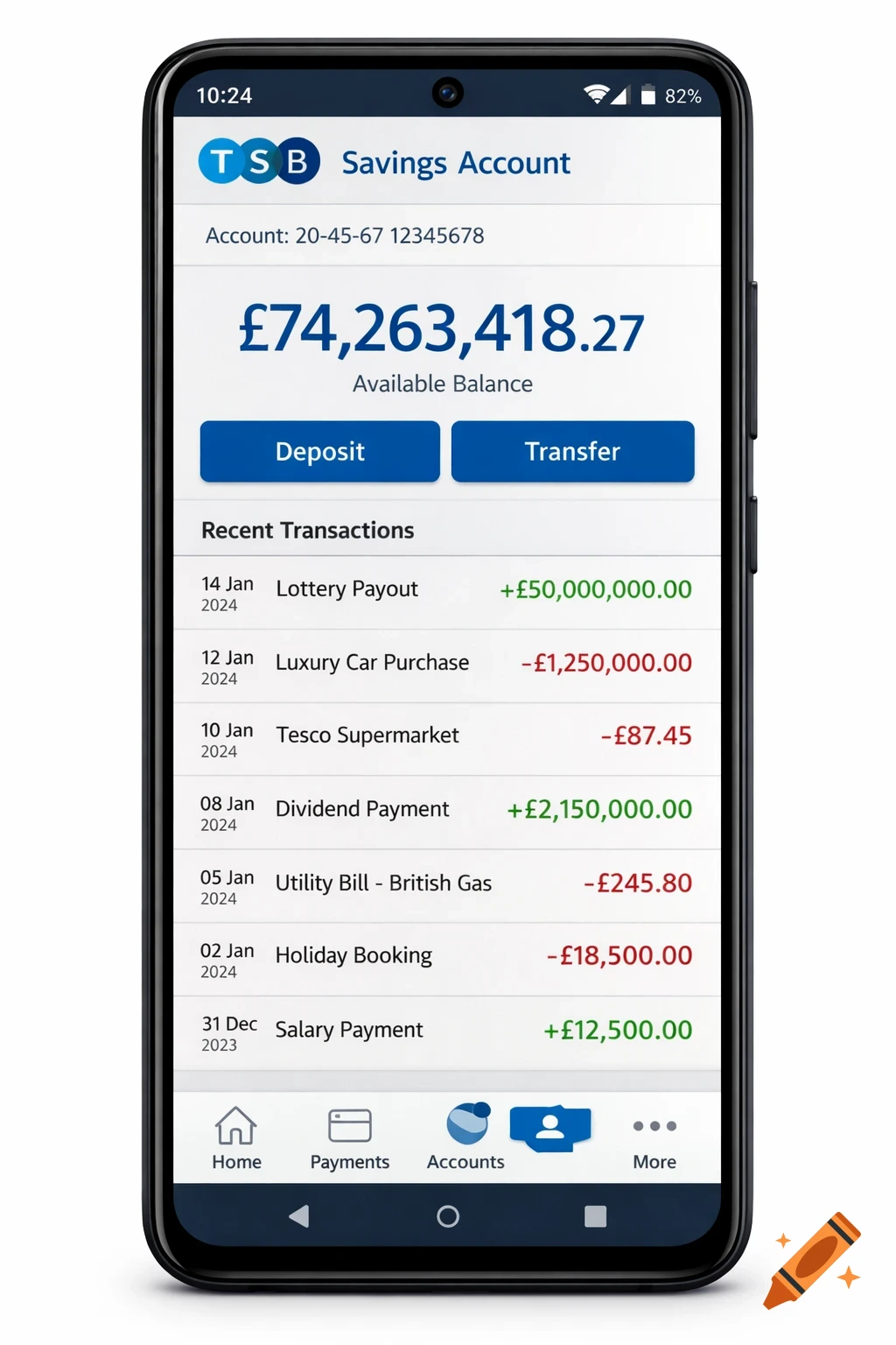 A photorealistic mockup of a TSB mobile banking app interface on an Android phone, displaying a savings account with a balance of over £74 million and a list of recent transactions.