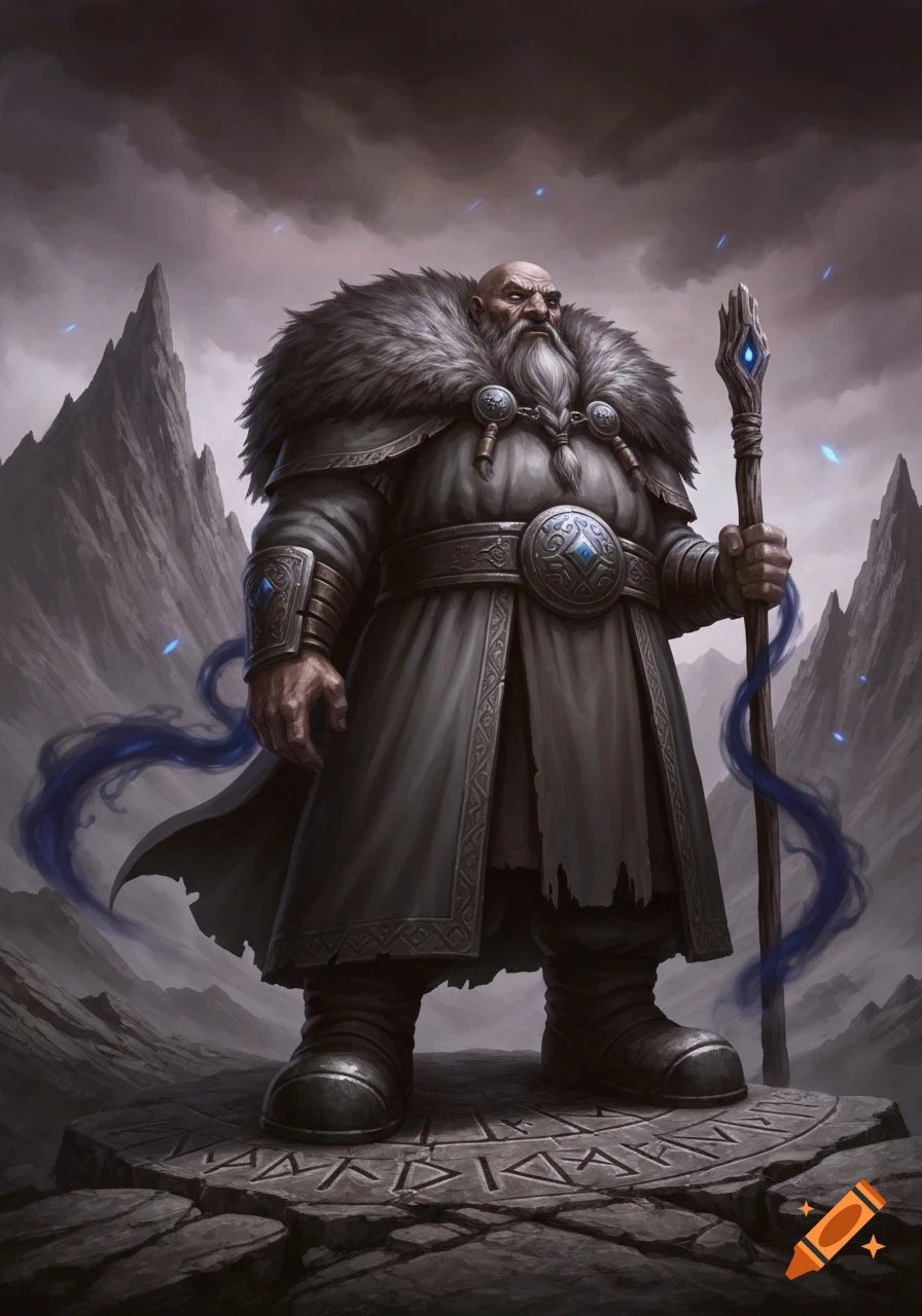 A bald, bearded dwarf wizard in a fur-collared coat stands on a runic stone platform, holding a glowing staff amidst a stormy mountain landscape in a dark fantasy art style.
