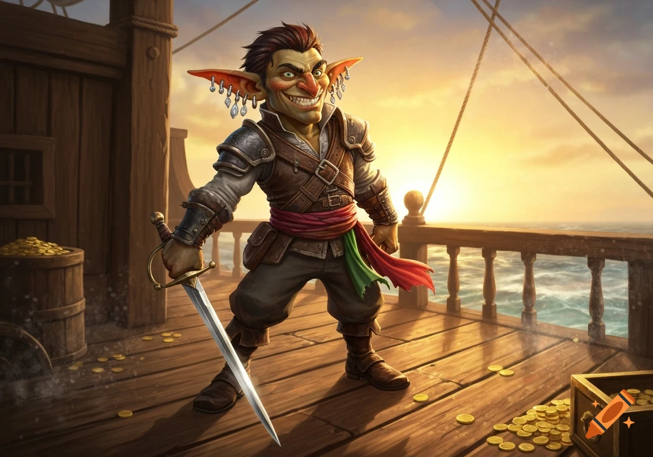 A grinning goblin swashbuckler stands on a ship deck at sunset, holding a sword amidst scattered gold coins. Stylized illustration.