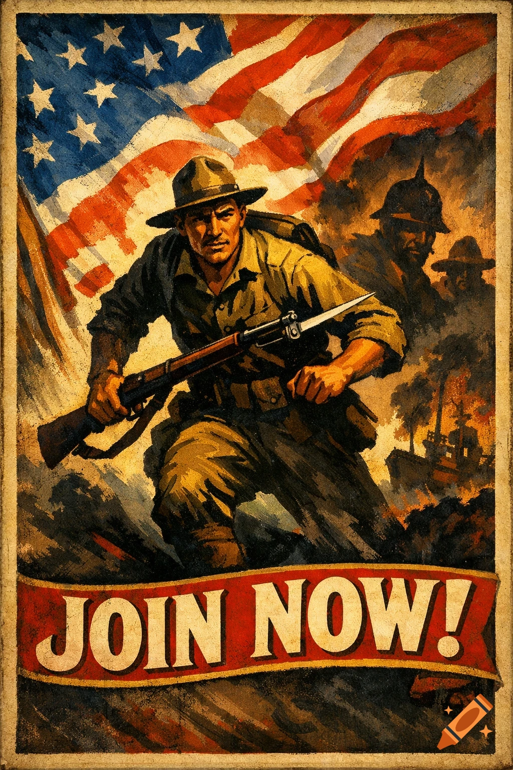 Vintage propaganda poster of a soldier with a rifle and bayonet charging under an American flag, with a 'JOIN NOW!' slogan.
