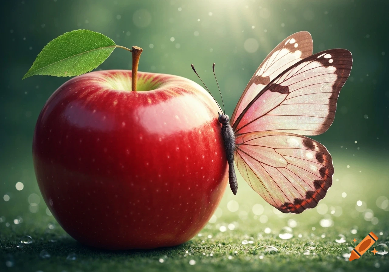 Photorealistic close-up of a red apple with a pink butterfly resting on it, on dewy green grass.