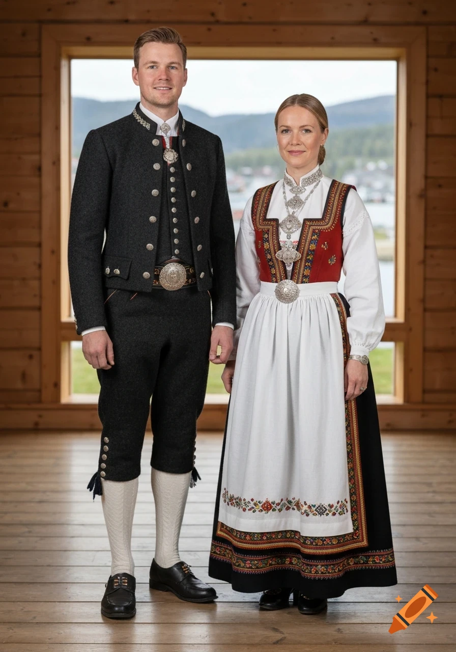 A man and woman in traditional Norwegian bunad stand inside a rustic wooden room with a window view of a town and mountains.
