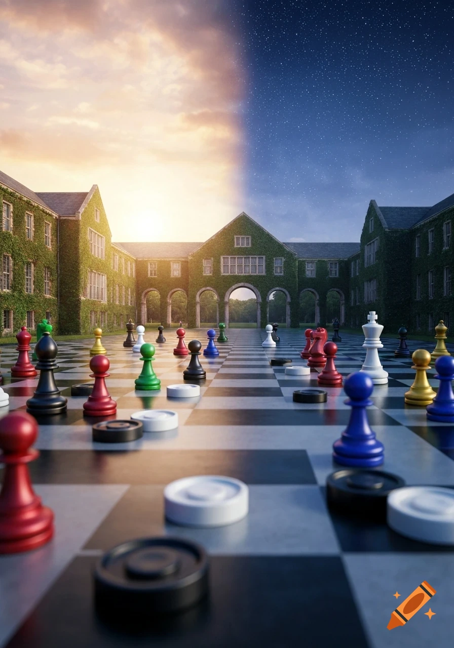 A college courtyard split into day and night, with colorful chess and checker pieces scattered on a large chessboard.