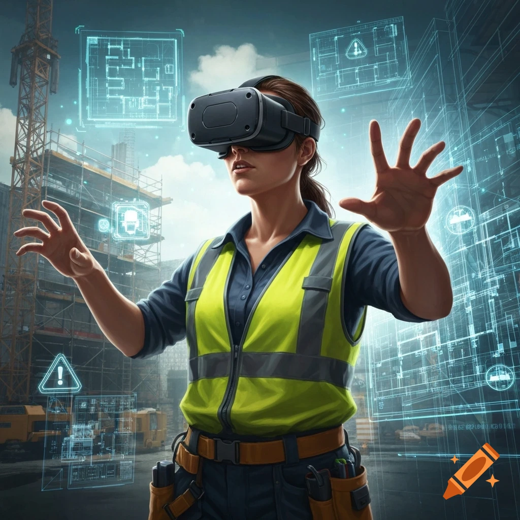 A woman in a reflective vest and VR headset interacts with holographic construction blueprints and data on a building site.