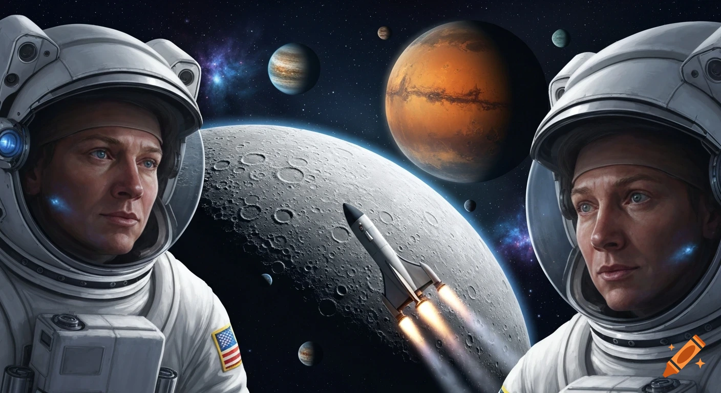 Two astronauts in white suits with helmets gazing at the moon, Mars, Jupiter, and other planets in a vibrant star-filled space, with a rocket launching near the moon.