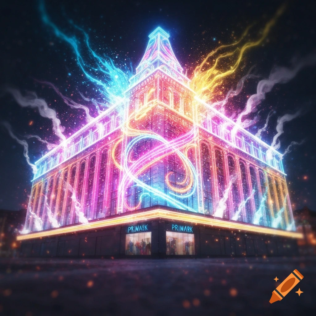A vibrant building glows with neon pink, blue, yellow, and purple lights, with energy swirling around it against a dark, starry night sky.