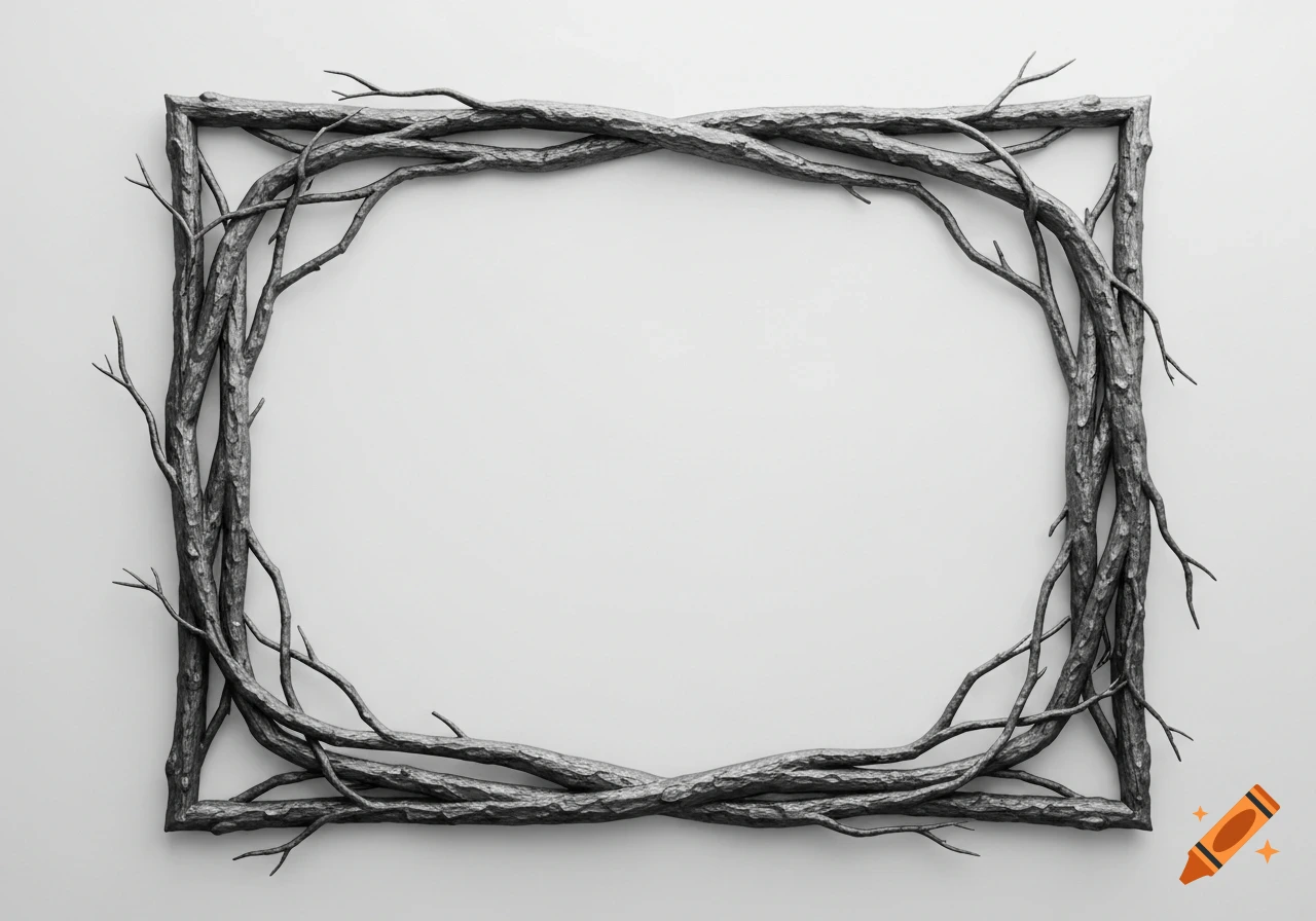 A rectangular frame made of dark, intertwined tree branches and twigs against a light gray background.