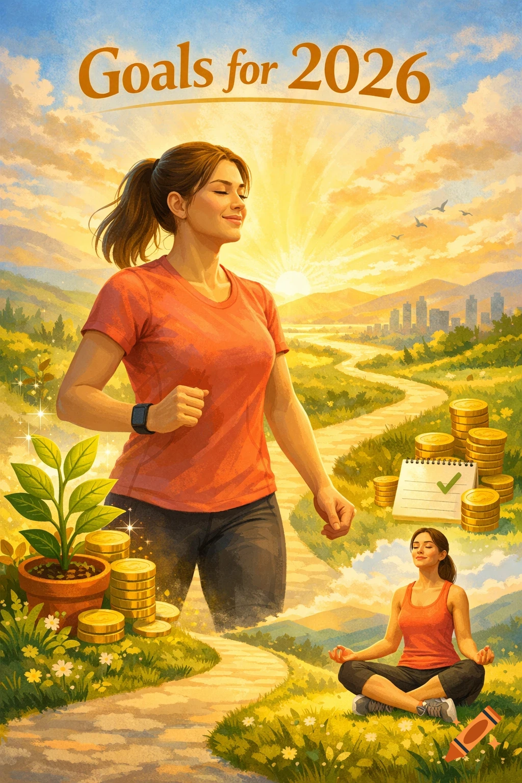 Illustrated poster 'Goals for 2026' shows a woman jogging, meditating, with money stacks and a plant, in a sunny landscape.