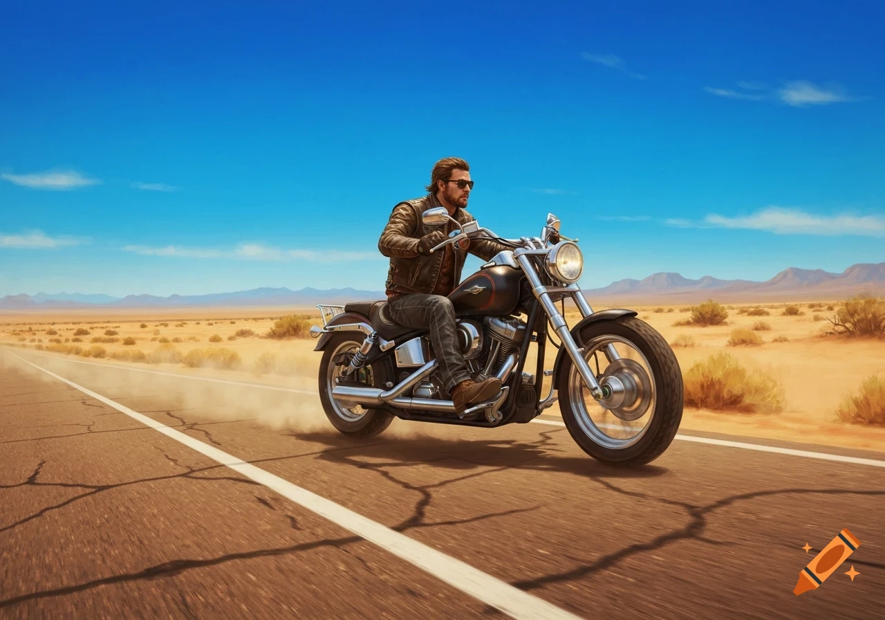 A man in a leather jacket rides a motorcycle down a desert road under a clear blue sky, kicking up dust.