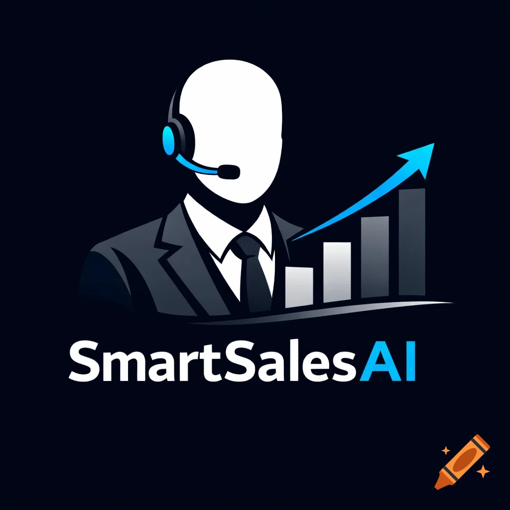 Minimalist logo of a faceless business person with a headset, alongside a bar chart with an upward arrow, and the text "SmartSalesAI".