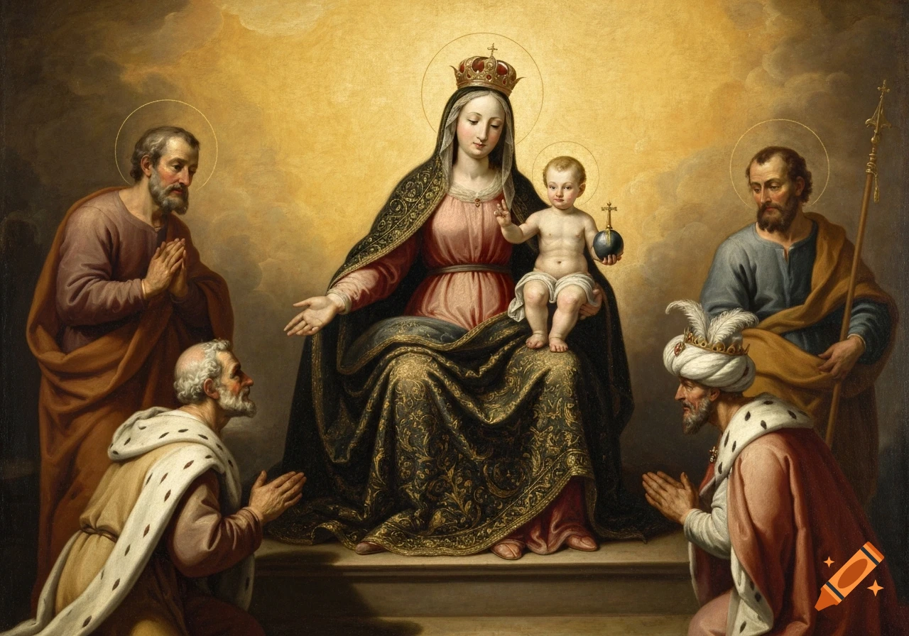A Baroque oil painting of the Virgin Mary and Baby Jesus on a throne, with Saint Joseph and the Three Kings kneeling in adoration.