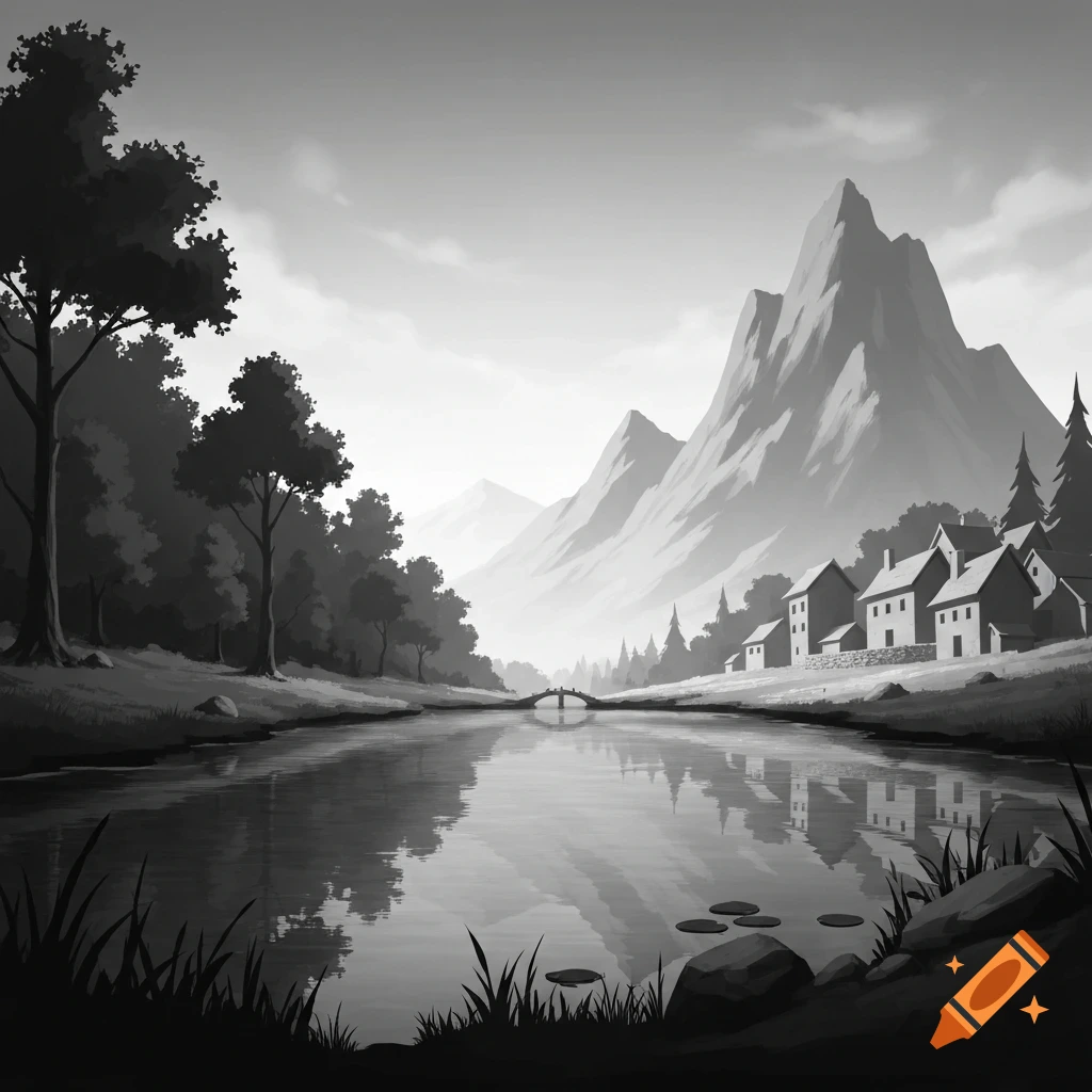 Monochromatic landscape with a lake, a village on the right, a forest on the left, and towering mountains in the background.