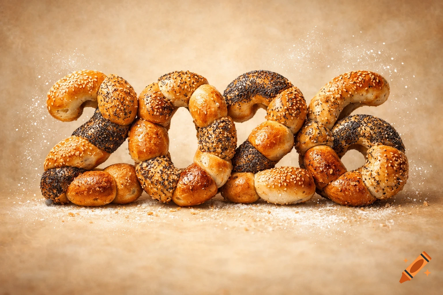 Photorealistic image of the numbers '2026' formed by assorted bagels and small bread rolls, sprinkled with sesame and poppy seeds, on a light brown surface with powdered sugar.